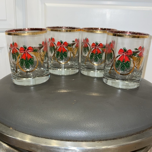 Vintage Gold Rim Clear Christmas Glasses French Horns & Red Bows Set of 4 12-oz - Picture 4 of 5